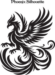 Phoenix Bird Black Silhouette Isolated Vector . 
A powerful phoenix silhouette with wings spread, symbolizing rebirth and strength.
