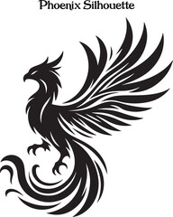 Phoenix Bird Black Silhouette Isolated Vector . 
A powerful phoenix silhouette with wings spread, symbolizing rebirth and strength.