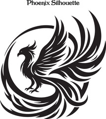 Phoenix Bird Black Silhouette Isolated Vector . 
A powerful phoenix silhouette with wings spread, symbolizing rebirth and strength.