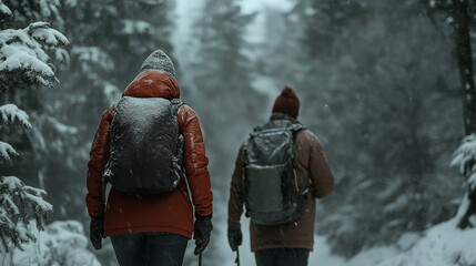 Two Hikers with Backpacks Walking Through a Snowy Forest in a Winter Expedition