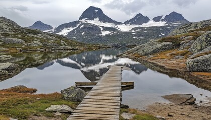 Serene Mountain Lake with Wooden Pier and Majestic Snow-Capped Peaks Reflected in Calm Waters