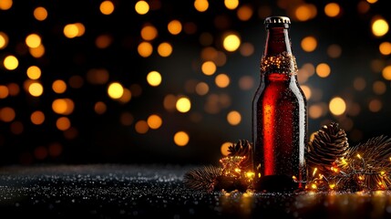 Festive Christmas Beer Bottle Illuminated with Colorful Lights in Background