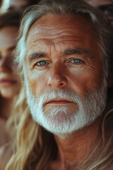 A man with long gray hair and a beard looks pensively at the camera, amidst a group of individuals in a sunny outdoor environment