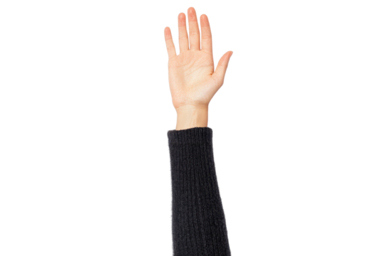 Hand raised in greeting, white isolated background