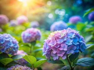 Fototapeta premium Captivating Long Exposure of Linear Hortensia Flowers in a Dreamy Garden Setting, Showcasing Their Delicate Beauty and Vibrant Colors with Soft Motion Effects