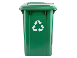 Green recycling bin with lid, white isolated background.