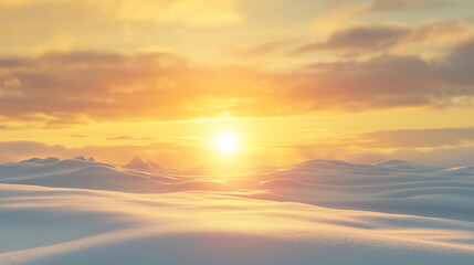 Fototapeta premium Golden Sunset Over a Pristine Snow-Covered Landscape with Rolling Hills