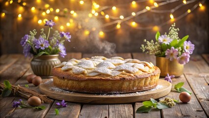 Naklejka premium Captivating Long Exposure of Pastiera: A Traditional Italian Dessert Surrounded by Soft Light and Flowing Motion, Perfect for Celebrating Easter and Culinary Heritage