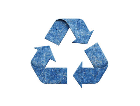 Recycling symbol on blue texture, white isolated background