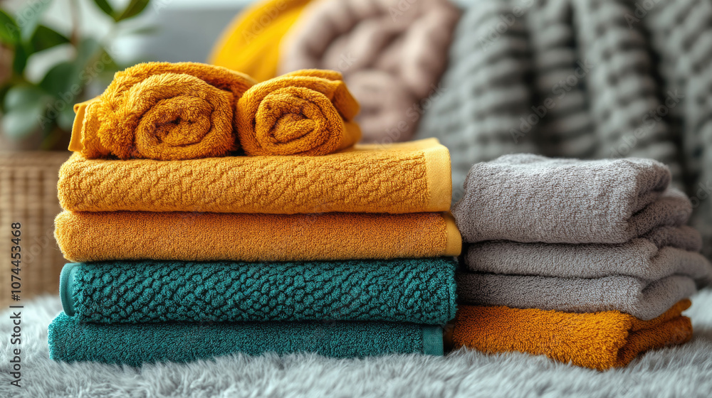 Poster a collection of neatly rolled and stacked towels in various colors on a soft surface, creating a war
