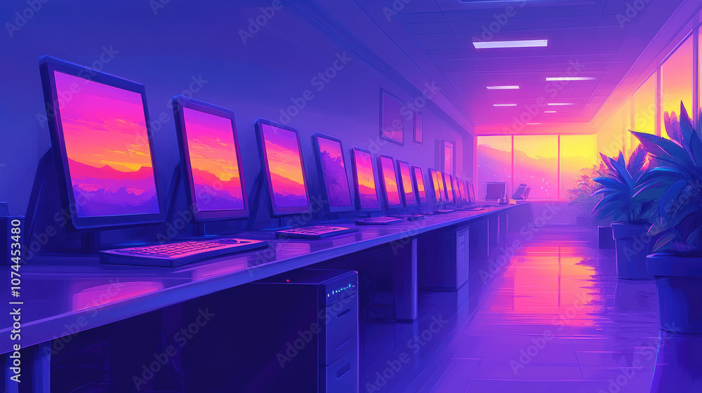 Poster the office is illuminated by a striking sunset, casting colorful reflections on multiple computer mo