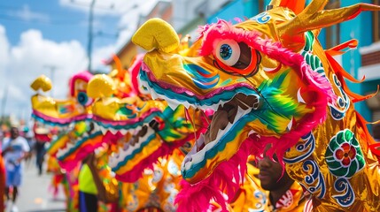 A joyful parade with colorful costumes and floats. 