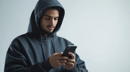 Male hacker standing holding smartphone and looking down at screen on white background, wearing hoodie and mysterious pose, determined and serious face