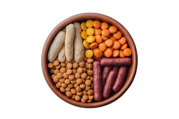 Colorful snacks arranged in a round bowl on a white background.
