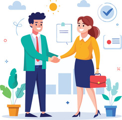 People shaking hands at work - Two businesspeople, man and woman doing handshake in office at work while smiling over business agreement and deal. Flat design stock illustration on white background