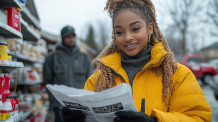 A young woman smiles as she examines a flyer in a grocery store, dressed warmly in a yellow jacket on a cold day, while someone looks on