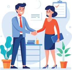 Obraz premium People shaking hands at work - Two businesspeople, man and woman doing handshake in office at work while smiling over business agreement and deal. Flat design stock illustration on white background