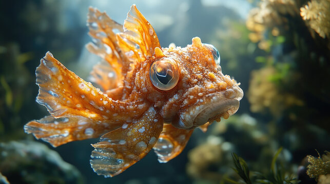 An orange sculpin glides amidst the vibrant corals, showcasing its unique features and colors in a serene underwater environment