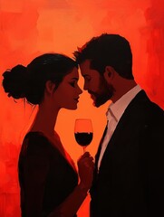 A romantic silhouette of a couple sharing an intimate moment, holding a glass of red wine against a vibrant orange background.