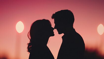 A romantic silhouette of a couple positioning their faces close together against a sunset backdrop, creating an intimate and loving atmosphere.