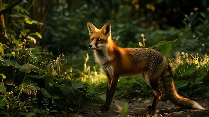 A mischievous fox exploring a countryside garden at dusk 