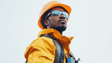 Obraz premium Male solar technician standing installing solar panels on white background, wearing work clothes with safety gear, determined and focused face
