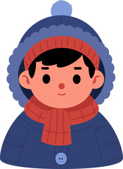 Cute Cartoon Boy in Winter Clothes With Red Scarf and Blue Hat