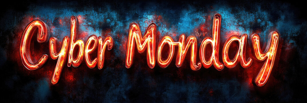 A vibrant neon sign shows the words Cyber Monday, creating an inviting atmosphere for online holiday shopping deals and specials