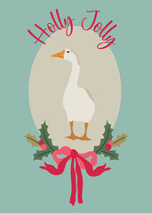 Christmas Holiday card with goose in vintage style. Vector pre-made printable card template with hand drawn character and ribbon bow illustration.