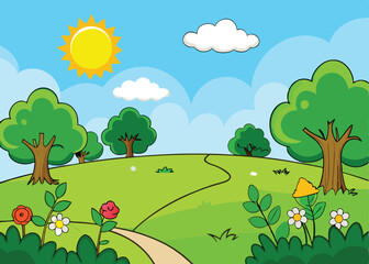Naklejka premium Sunny Day in a Beautiful Green Field with Bushes and Colorful Flowers, Perfect for Outdoor Nature Photography and Scenic Landscape Backgrounds