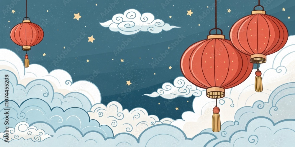 Poster lanterns with floating clouds a whimsical scene where red lanterns hover above fluffy white clouds a