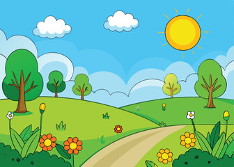 Obraz premium Sunny Day in a Beautiful Green Field with Bushes and Colorful Flowers, Perfect for Outdoor Nature Photography and Scenic Landscape Backgrounds