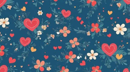 Adorable pattern of colorful hearts and flowers in shades of red, pink and white on a navy blue background. Design for card, cover, poster, packaging