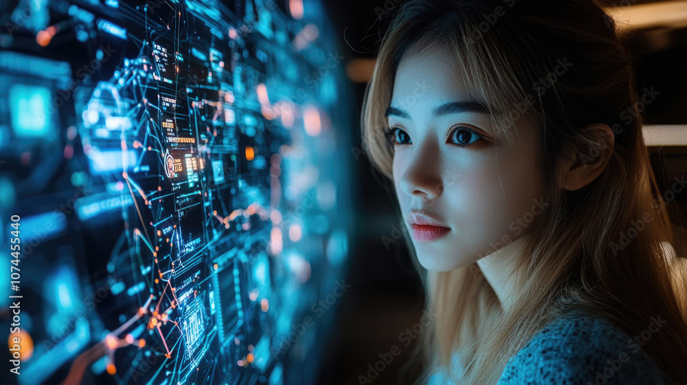 Poster a young woman intently studies complex data visualizations on a digital screen in a modern office se