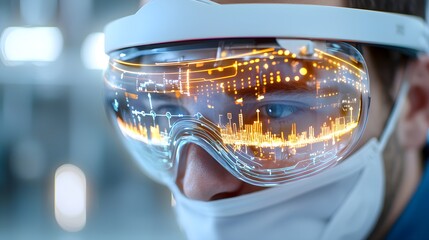 Engineer with futuristic smart glasses, analyzing real-time data on emissions from a chemical plant's scrubber system, clean air emerging from pipes