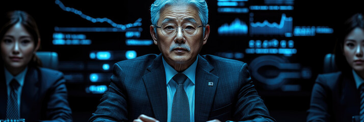 A senior executive leading a meeting, flanked by colleagues, analyzing data on screens in a dimly lit conference room during the evening