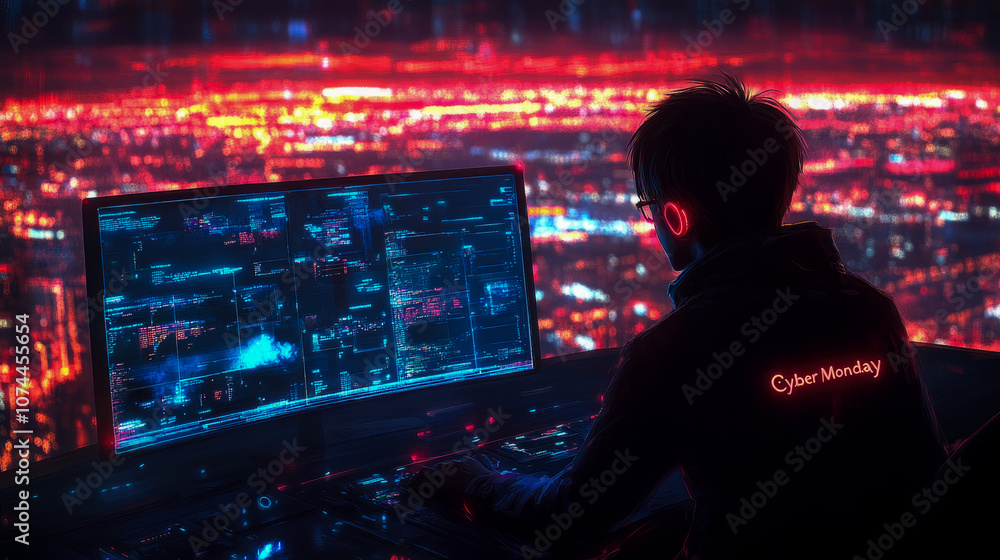 Poster a person wearing headphones focuses on complex digital data displayed on multiple screens while urba