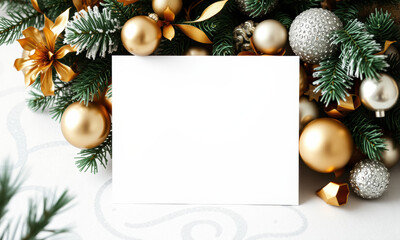 Fototapeta premium blank card surrounded by festive Christmas decorations, including gold and silver ornaments, pine branches, and touch of holiday cheer. Perfect for personalized messages