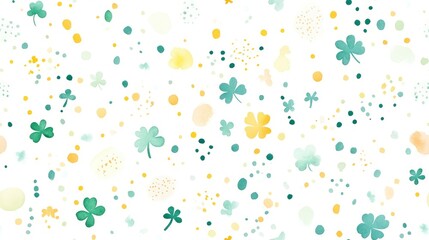 Watercolor seamless pattern with green clovers and yellow dots on a white background.