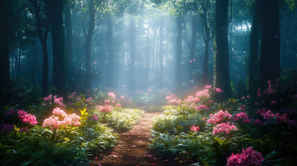 Obraz premium A tranquil pathway winds through a dense forest, surrounded by blooming flowers and illuminated by gentle sunlight in the early morning light