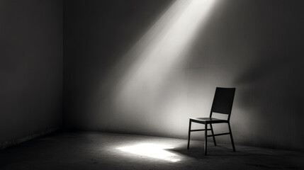 Minimalist arthouse aesthetic with dramatic lighting and empty chair in a shadowed room