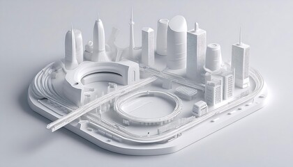 Detailed miniature white city model showcasing urban planning and development concepts, with stadium and highway
