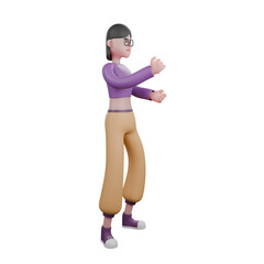  Cartoon Dance Performer in 3D. A female dancer stands facing left while both hands clasped in front of her chest, as if she is boxing. Creative Talent