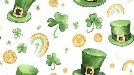 Watercolor seamless pattern with St. Patrick's Day elements, leprechaun hats, shamrocks, gold coins, rainbows.