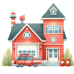 Cute Firefighter Clipart, Watercolor Firetruck Clipart, Helmet, Dalmatian, Extinguisher, Hydrant, Station for Scrapbooking, Card Making
