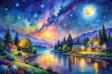 Obraz premium Captivating Night Photography of Pencil Watercolor Art Depicting a Serene Landscape Under the Stars with Soft Lighting and Rich Colors for Artistic Inspiration and Creative Use