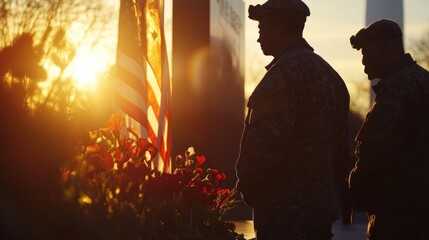 Soldiers paying respects with flag in background, quiet and reflective moment, commemorating veterans service