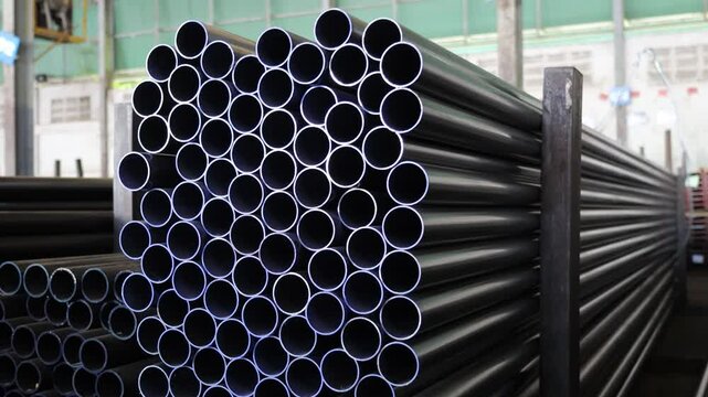high quality Galvanized steel pipe or Aluminum and chrome stainless pipes in stack waiting for shipment in warehouse