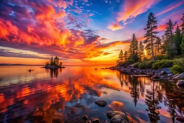 Fototapeta premium Captivating Portrait Photography of a Brilliant Sunset Over Lake Superior with Vibrant Colors and Reflective Water Surface, Creating a Magical Atmosphere for Nature Lovers