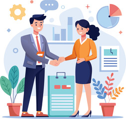 People shaking hands at work - Two businesspeople, man and woman doing handshake in office at work while smiling over business agreement and deal. Flat design stock illustration on white background
